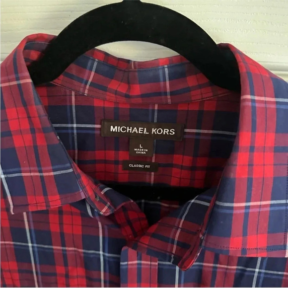 Size L Men’s Michael Kors Red and Blue Plaid Dress Shirt - Picture 2 of 2